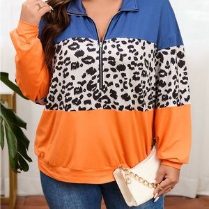 SHEIN LUNE Plus Leopard Print Colorblock Half Zip Drop Shoulder Sweatshirt